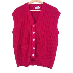 Vintage Brunny Cable Knit Button Front Sleeveless Sweater Vest Women L Pink
